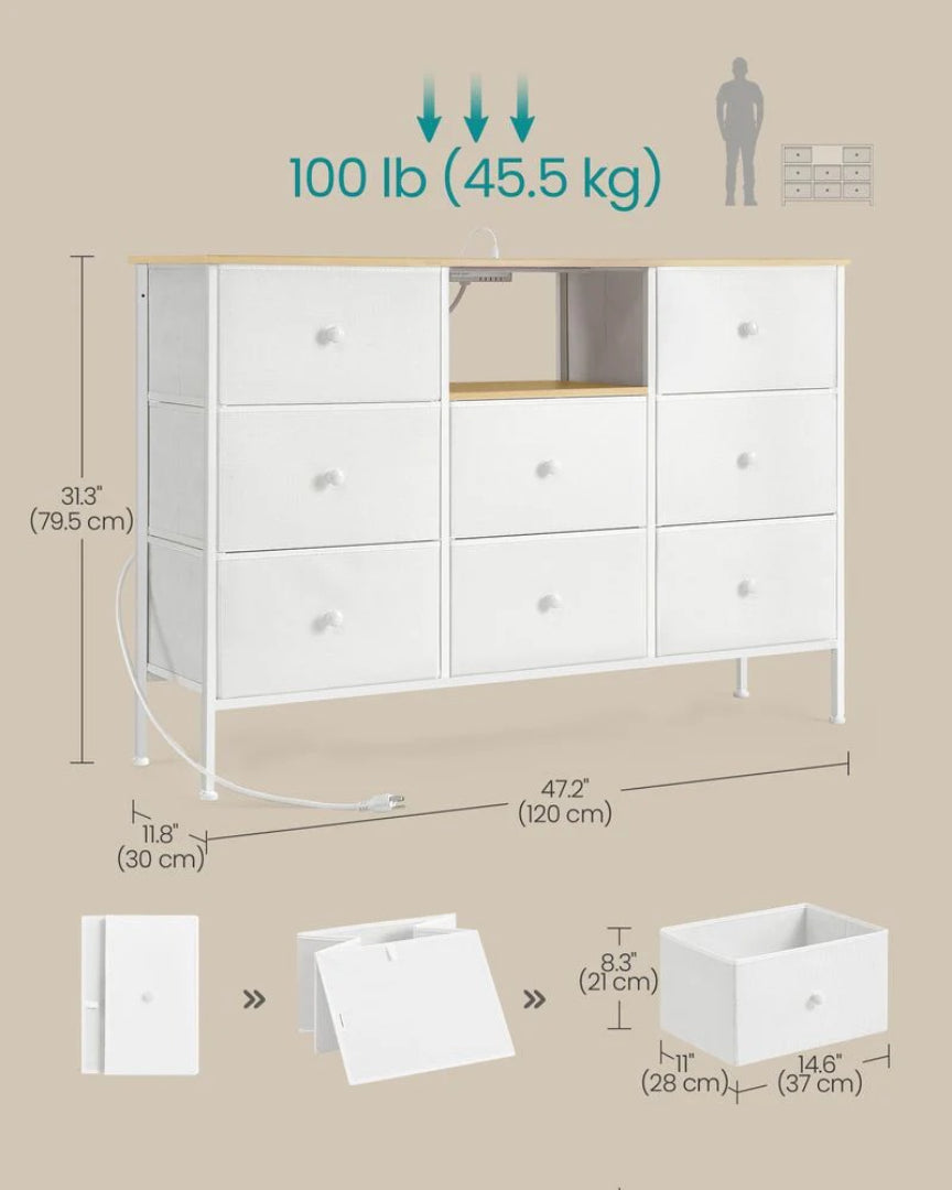 Fabric Dresser With LED Lights And Power Outlets 8 Drawer – product view 11 | Ridgefield Furniture