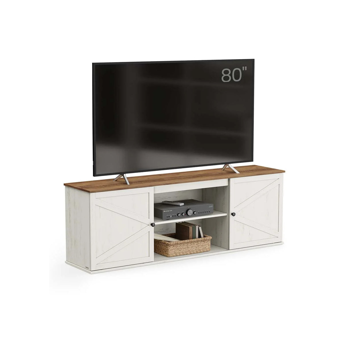 Farmhouse TV Stand With Sliding Barn Doors And Storage Cabinets - product photo 01