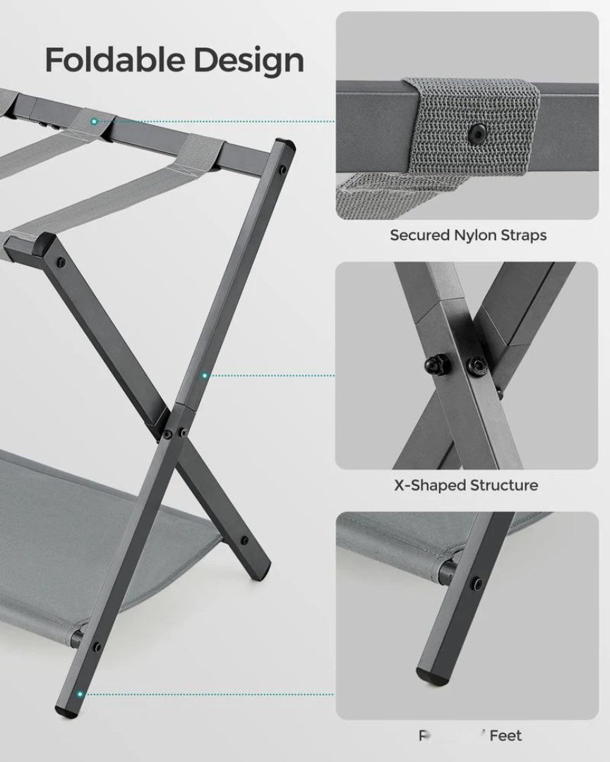 Folding Luggage Rack With Shelf Steel Suitcase Stand – product view 8 | Ridgefield Furniture