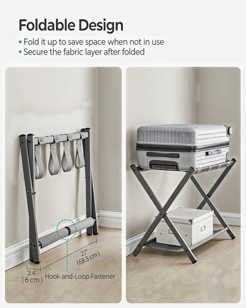 Folding Luggage Rack With Shelf Steel Suitcase Stand – product view 11 | Ridgefield Furniture