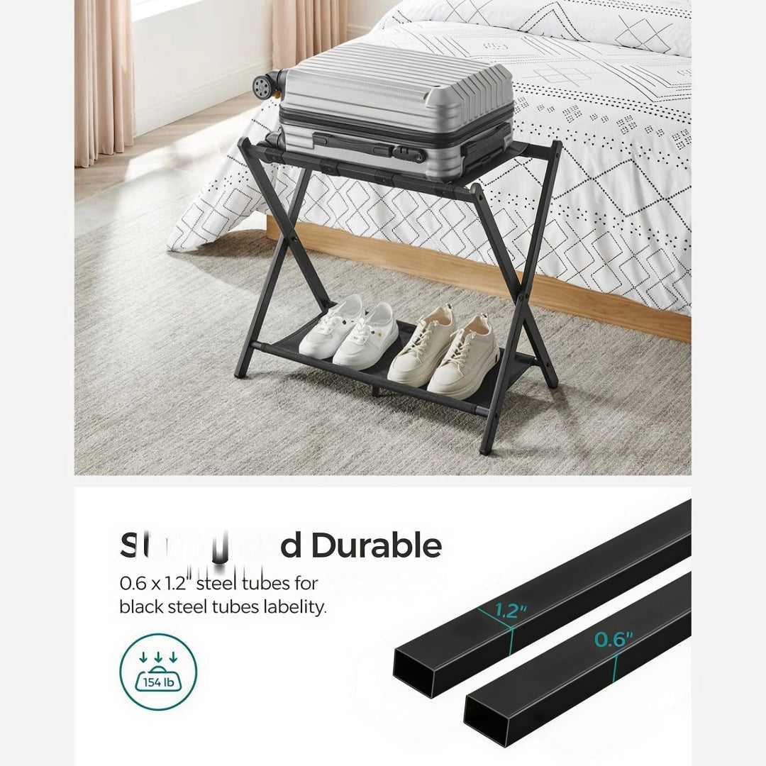 Folding Luggage Rack With Shelf Steel Suitcase Stand – product view 14 | Ridgefield Furniture