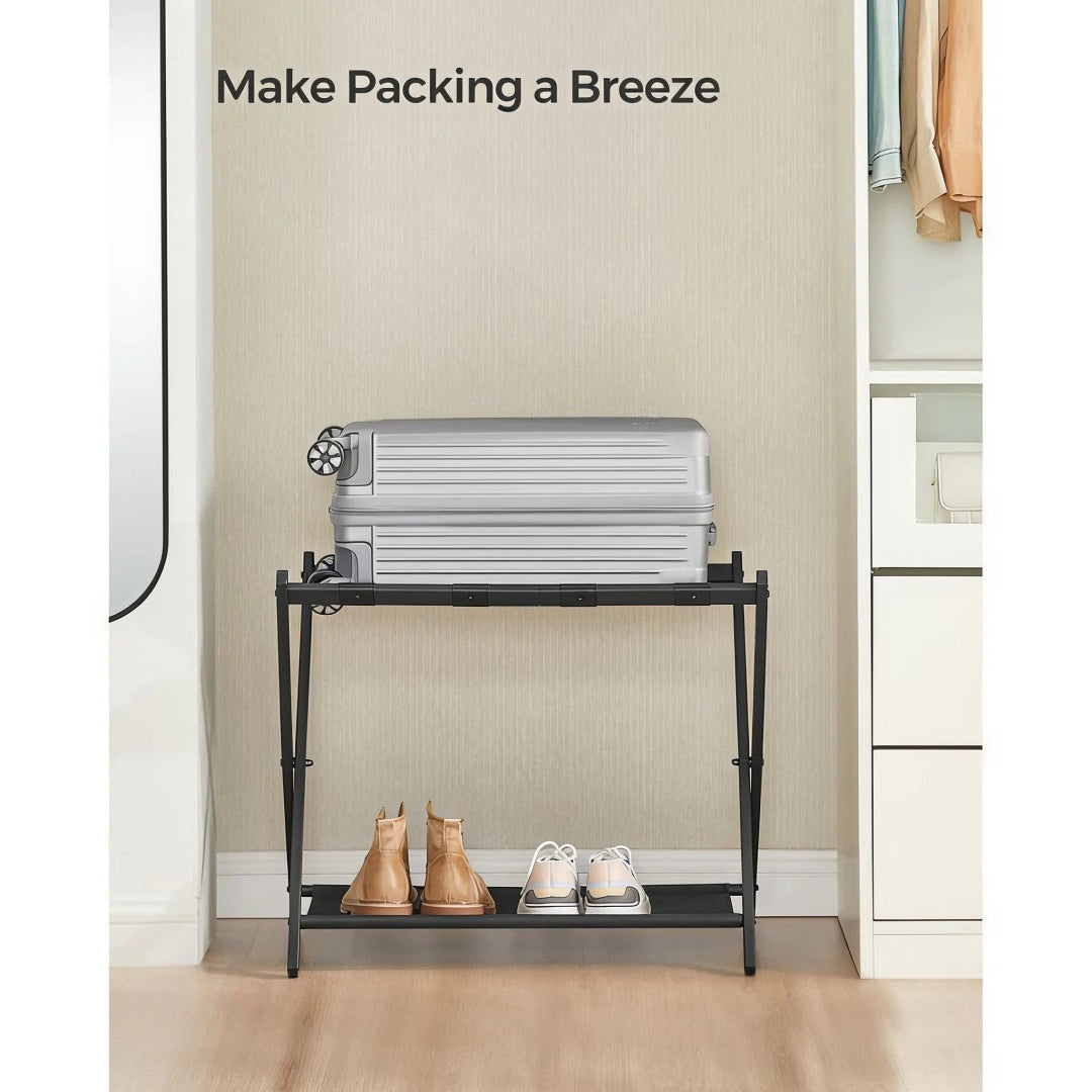 Folding Luggage Rack With Shelf Steel Suitcase Stand – product view 17 | Ridgefield Furniture