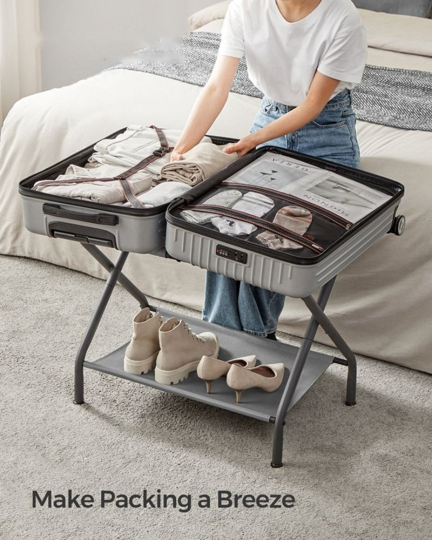 Folding Luggage Rack With Shelf Steel Suitcase Stand – product view 6 | Ridgefield Furniture