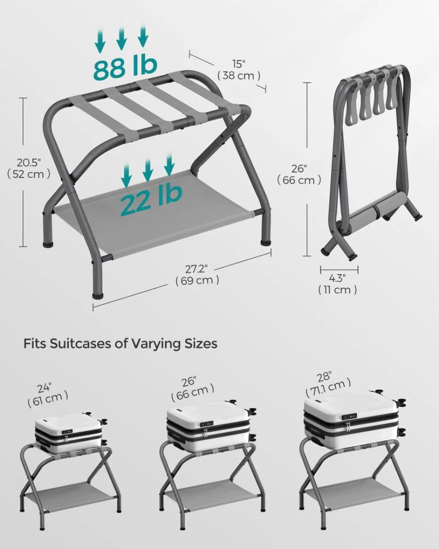 Folding Luggage Rack With Shelf Steel Suitcase Stand – product view 8 | Ridgefield Furniture