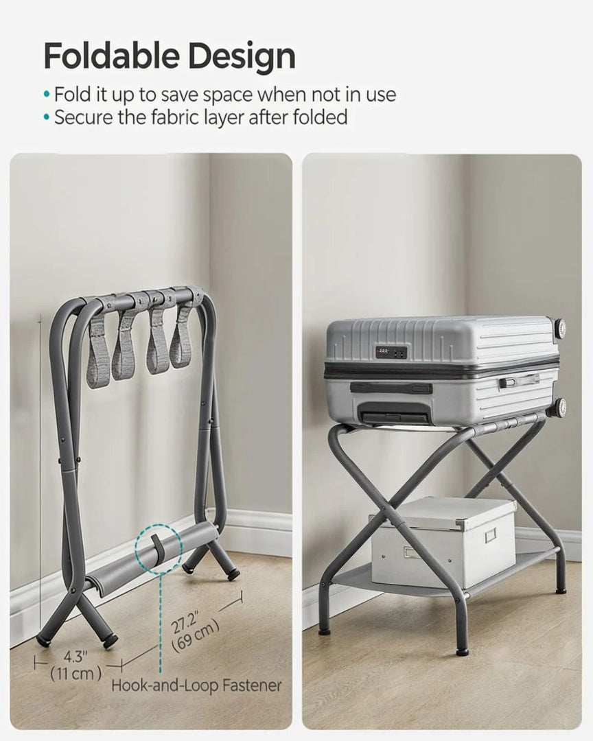 Folding Luggage Rack With Shelf Steel Suitcase Stand – product view 10 | Ridgefield Furniture