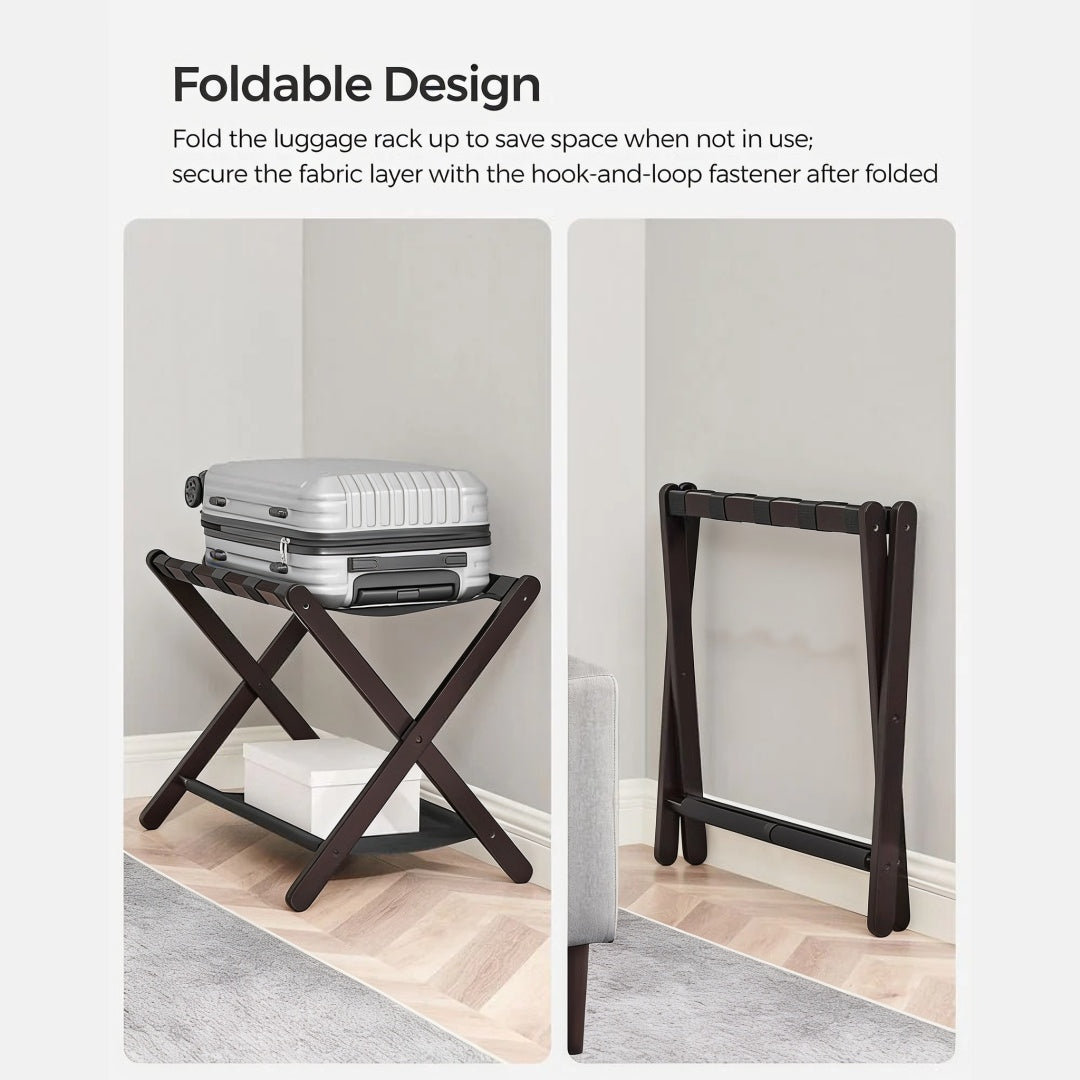 Folding Luggage Rack With Storage Shelf Bamboo Suitcase Stand – product view 8 | Ridgefield Furniture