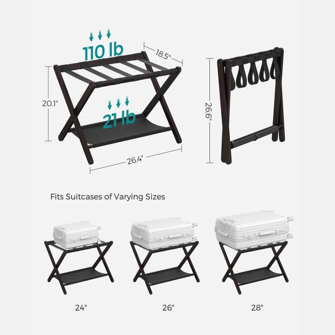 Folding Luggage Rack With Storage Shelf Bamboo Suitcase Stand – product view 10 | Ridgefield Furniture