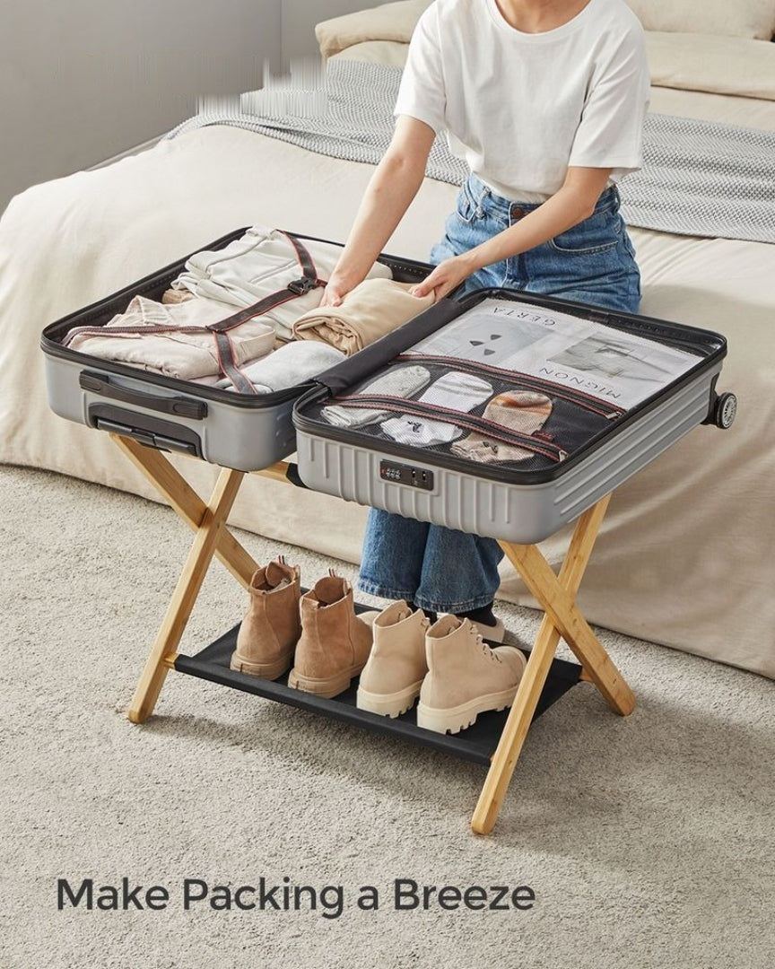 Folding Luggage Rack With Storage Shelf Bamboo Suitcase Stand – product view 14 | Ridgefield Furniture
