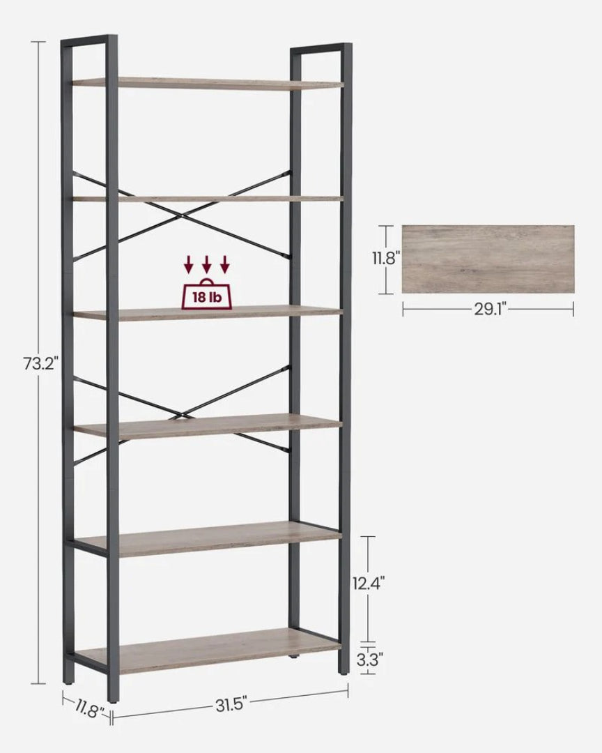 6 Tier Industrial Bookshelf With Steel Frame – product view 8 | Ridgefield Furniture