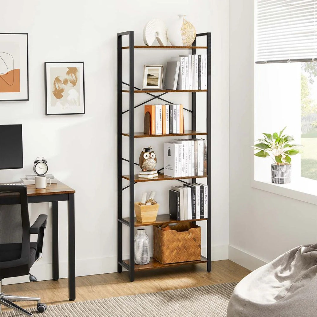 6 Tier Industrial Bookshelf With Steel Frame – product view 12 | Ridgefield Furniture