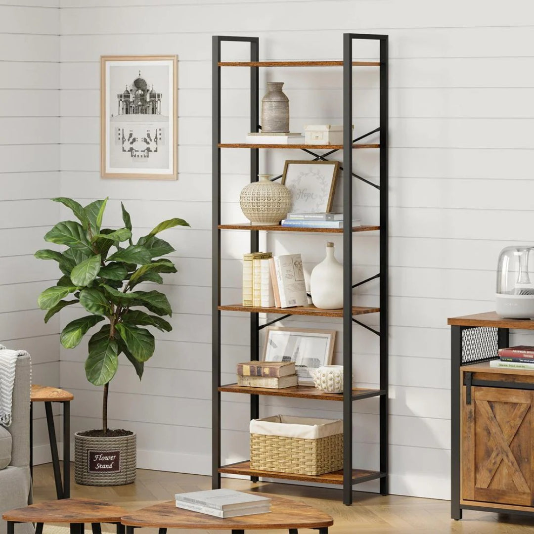 6 Tier Industrial Bookshelf With Steel Frame – product view 13 | Ridgefield Furniture