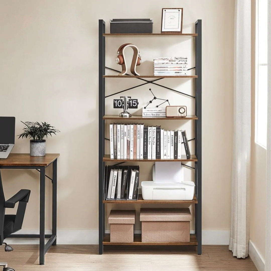 6 Tier Industrial Bookshelf With Steel Frame – product view 15 | Ridgefield Furniture