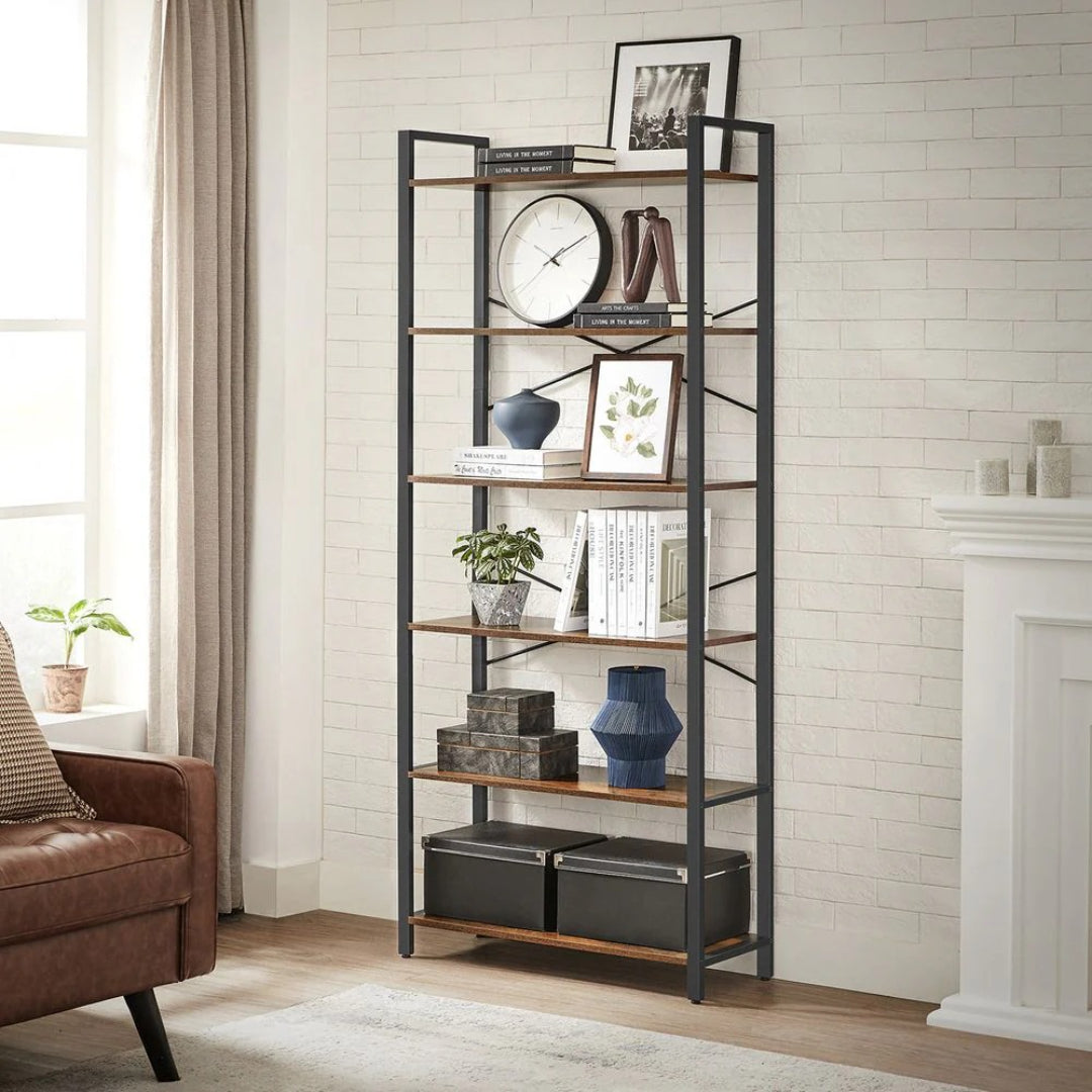 6 Tier Industrial Bookshelf With Steel Frame – product view 16 | Ridgefield Furniture