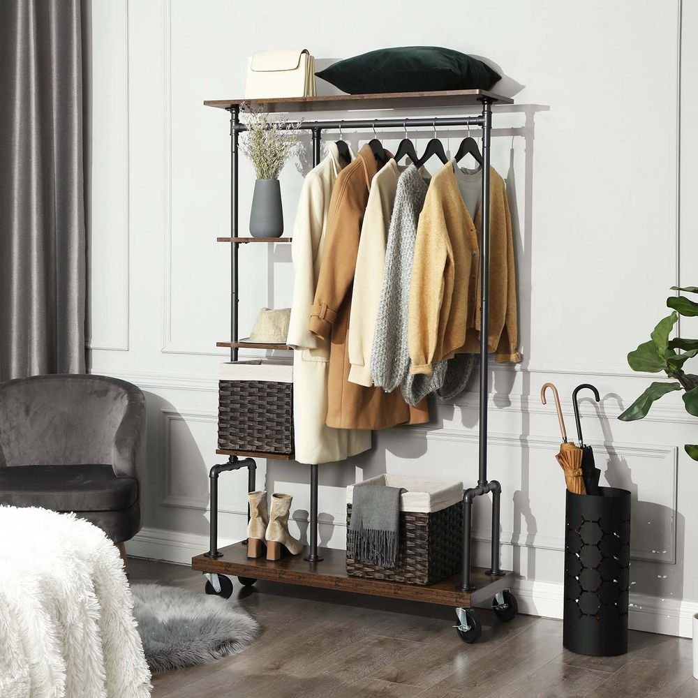 Industrial Brown Clothing Rack On Wheels - product photo 02