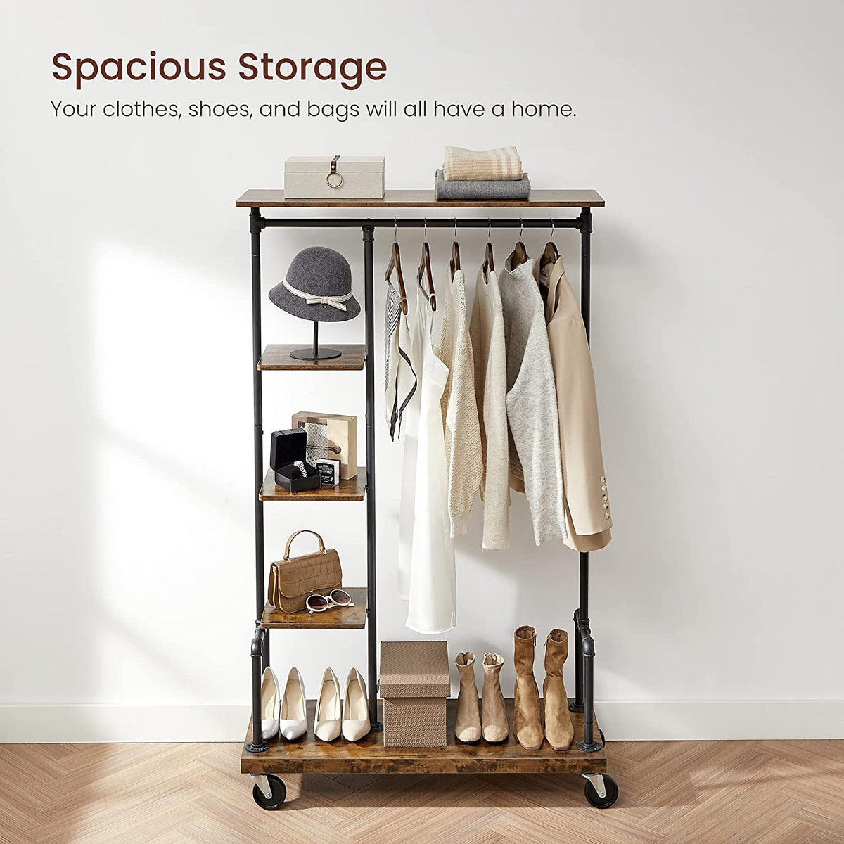 Industrial Brown Clothing Rack On Wheels - product photo 04