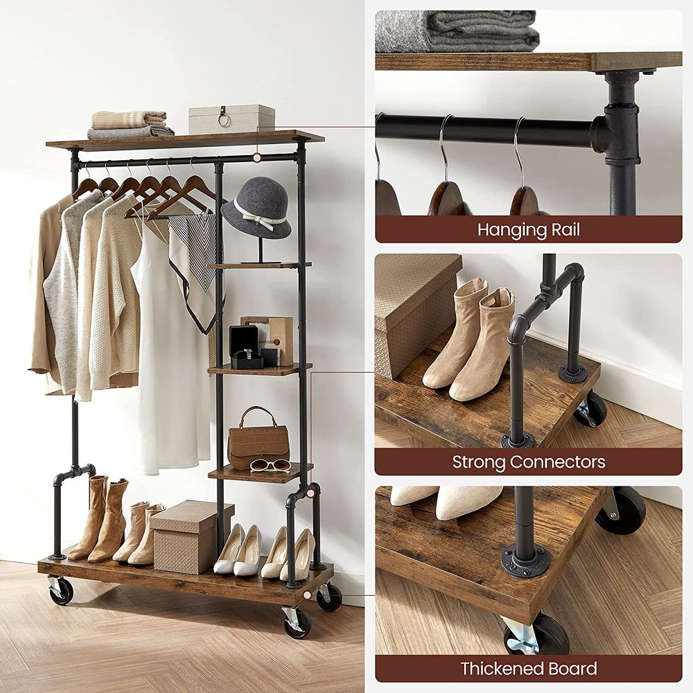 Industrial Brown Clothing Rack On Wheels - product photo 07
