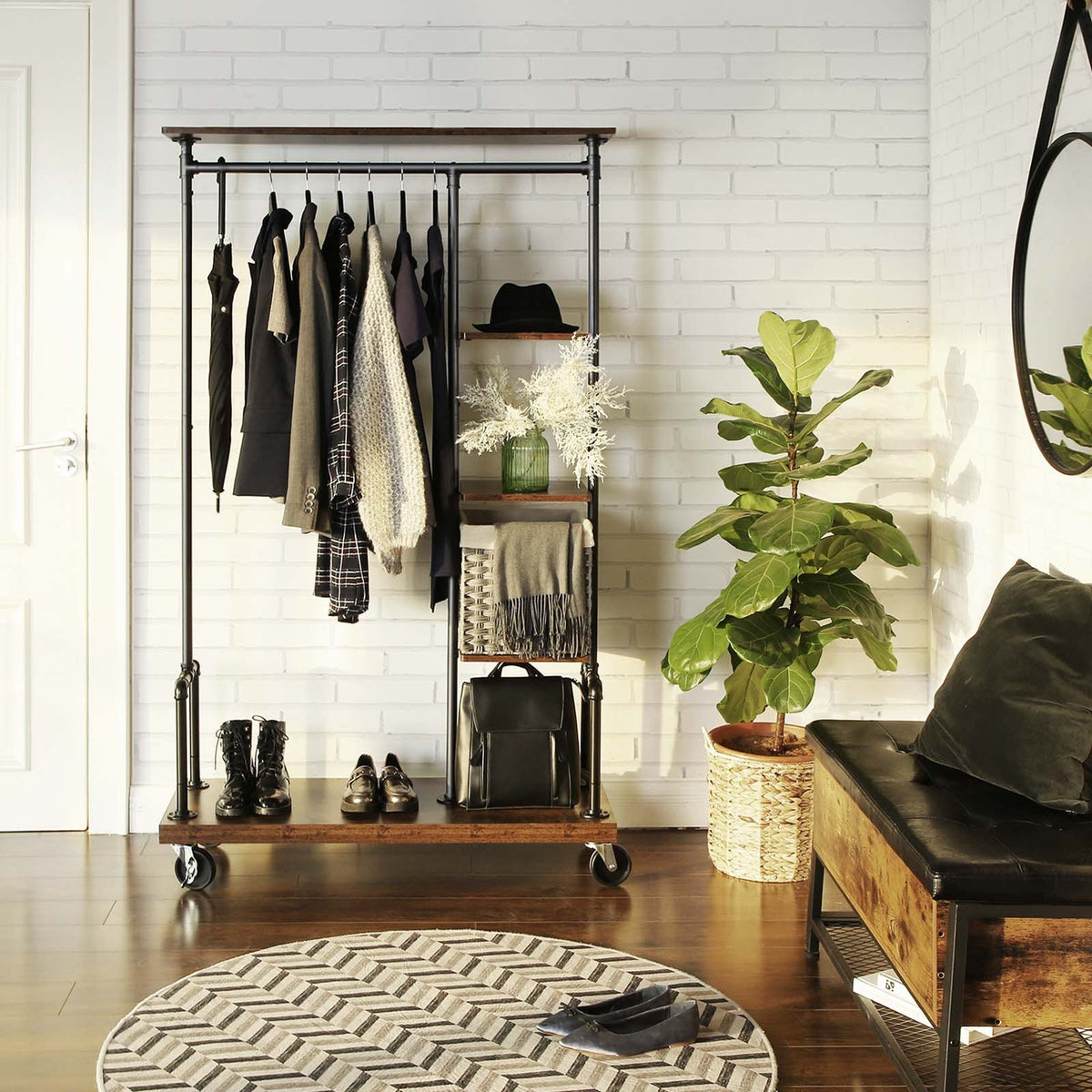 Industrial Clothing Rack On Wheels With Hanging Rail And Shelves - product photo 09