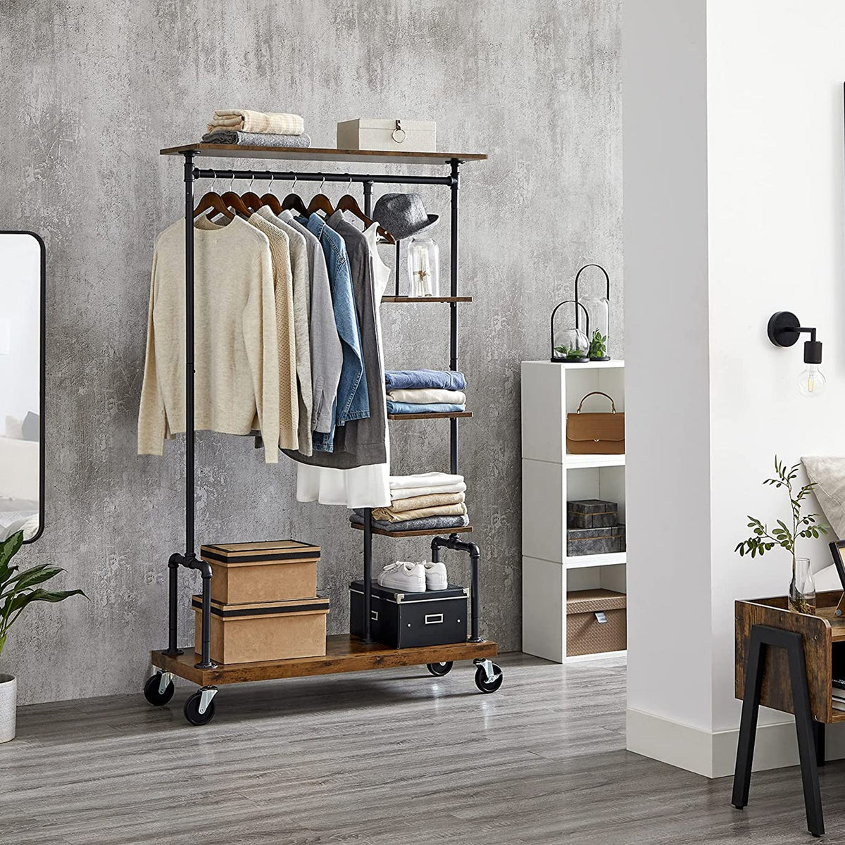Industrial Clothing Rack On Wheels With Hanging Rail And Shelves - product photo 14
