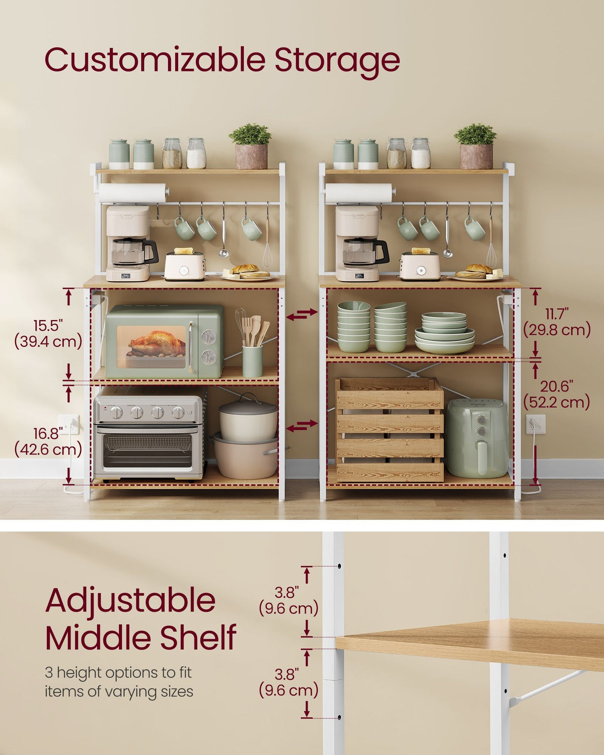 Kitchen Bakers Rack With Power Outlet And Flexible Shelving - product photo 24