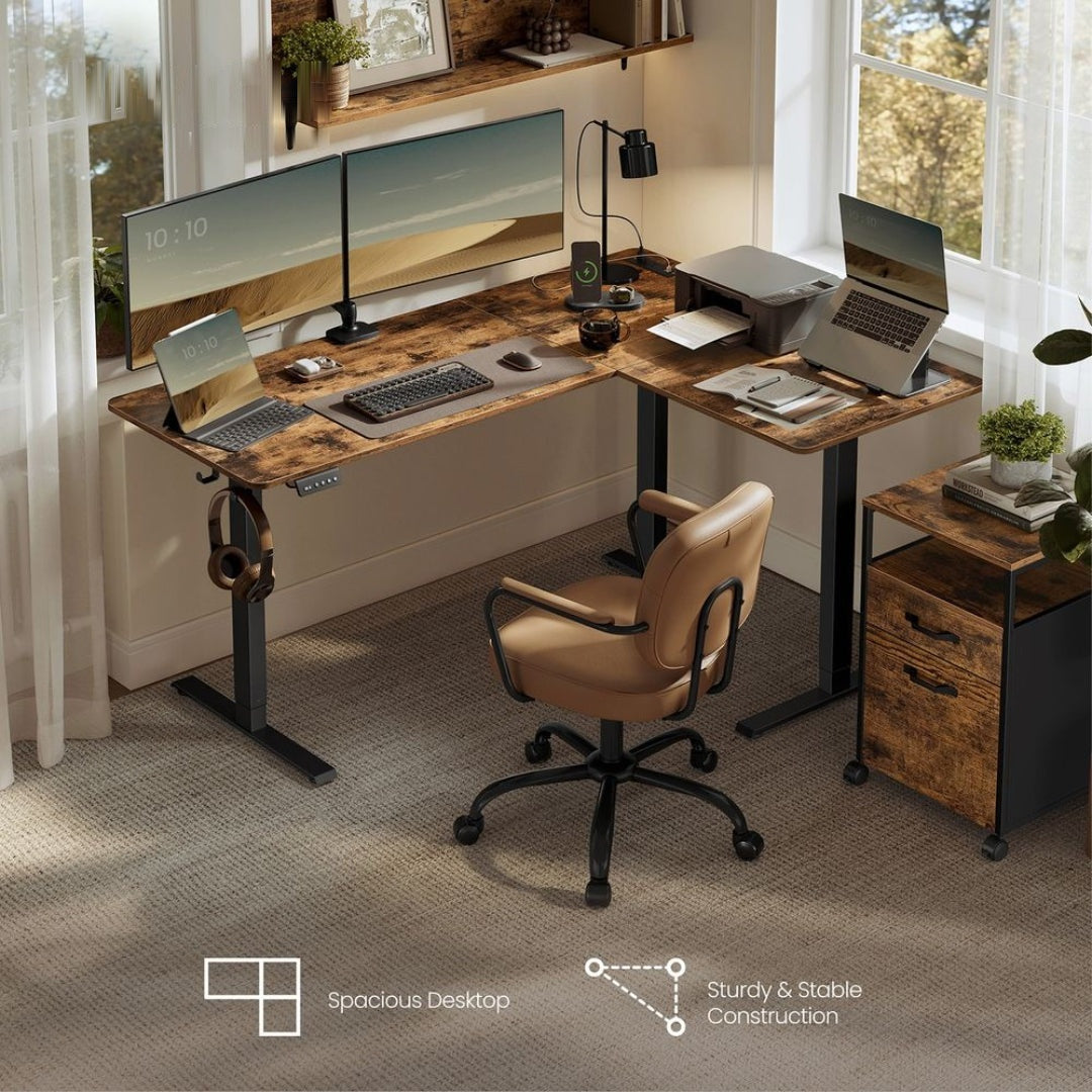 L Shaped Electric Standing Desk With Power Outlets – product view 3 | Ridgefield Furniture
