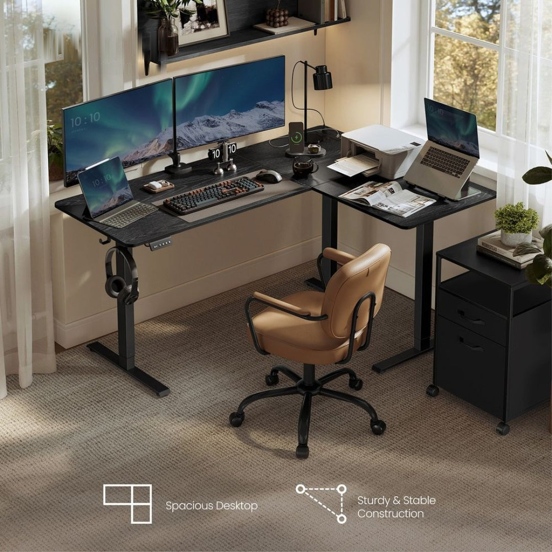 L Shaped Electric Standing Desk With Power Outlets – product view 8 | Ridgefield Furniture