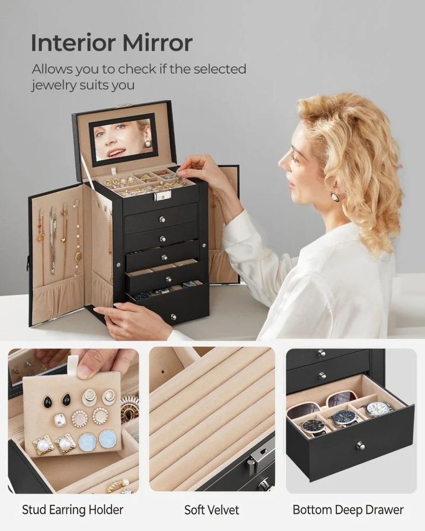 Large Jewelry Box Organizer 6 Tier With Drawers Mirror And Lock – product view 7 | Ridgefield Furniture