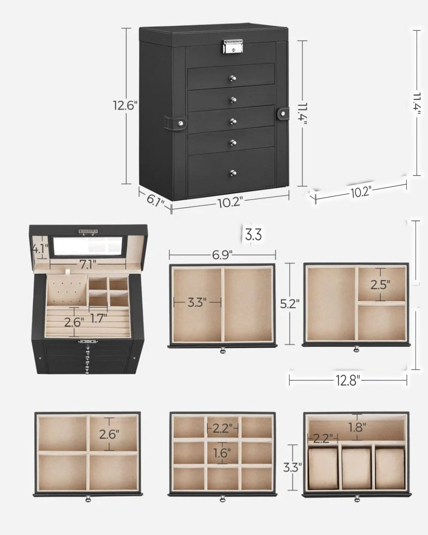 Large Jewelry Box Organizer 6 Tier With Drawers Mirror And Lock – product view 9 | Ridgefield Furniture