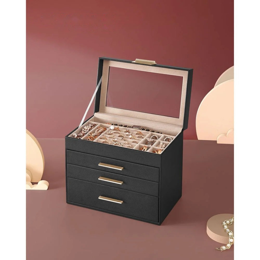 Large Jewelry Box With Glass Lid 4 Or 6 Layer Organizer – product view 22 | Ridgefield Furniture