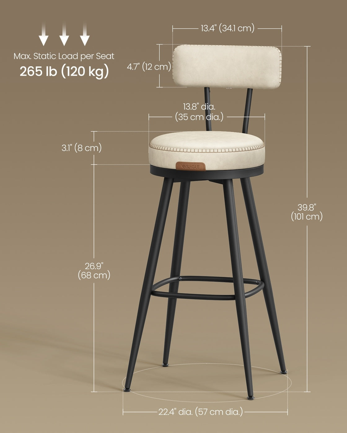 Leather Bar Stools With Backs, 360 Degree Swivel Seat 35.8 Or 39.8 Inch - product photo 88