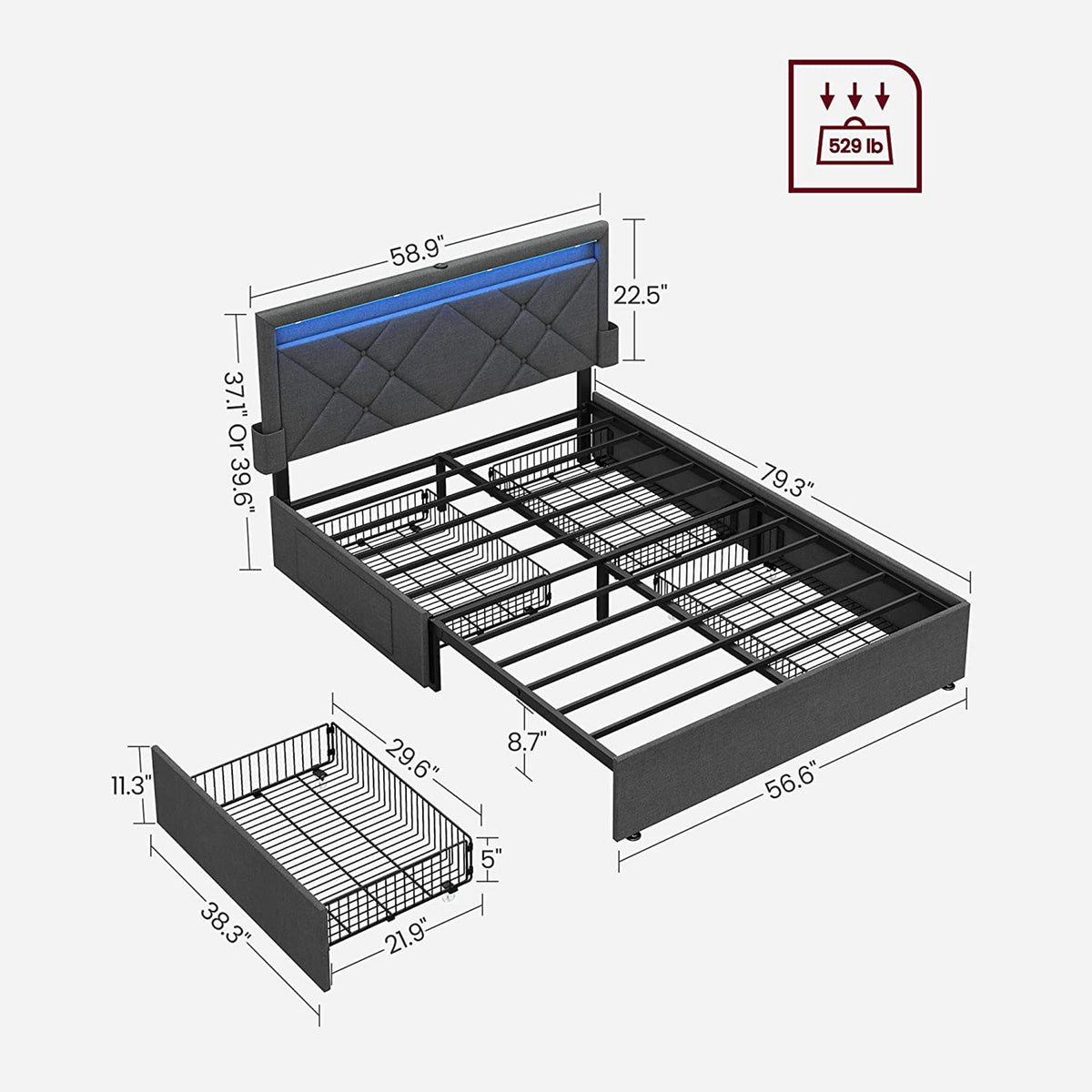 LED Bed Frame Queen Size With Headboard And 4 Drawers - product photo 04