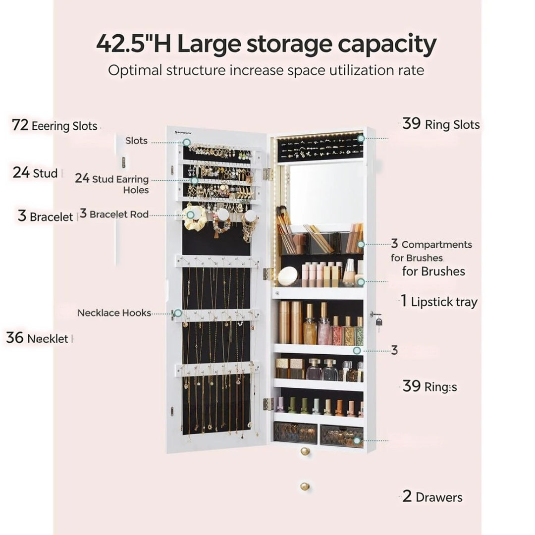 LED Mirror Jewelry Cabinet Armoire Wall Or Door Mounted – product view 6 | Ridgefield Furniture