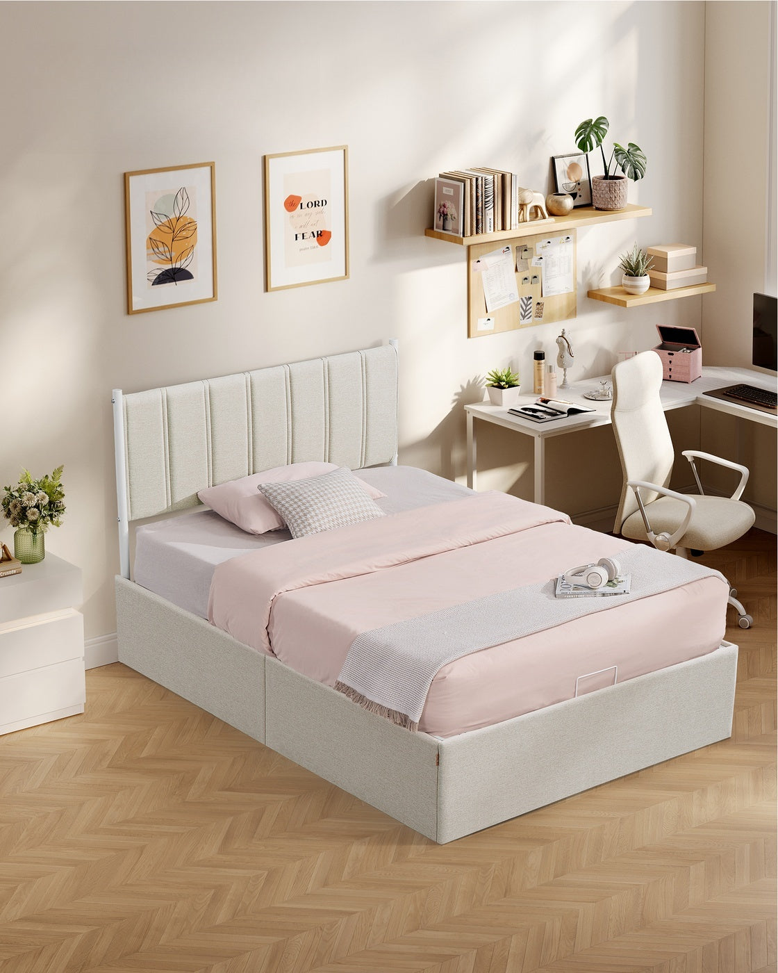 Lift Up Storage Bed Frame Queen Size With Upholstered Headboard - product photo 09