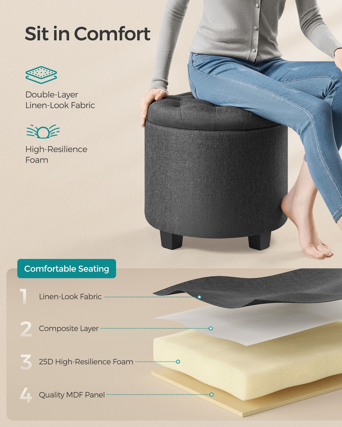 Linen Fabric Storage Ottoman - product photo 12