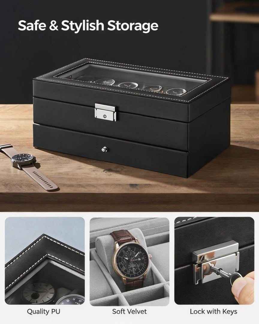 Lockable Watch Box With Glass Lid 6 8 Or 12 Slot – product view 22 | Ridgefield Furniture