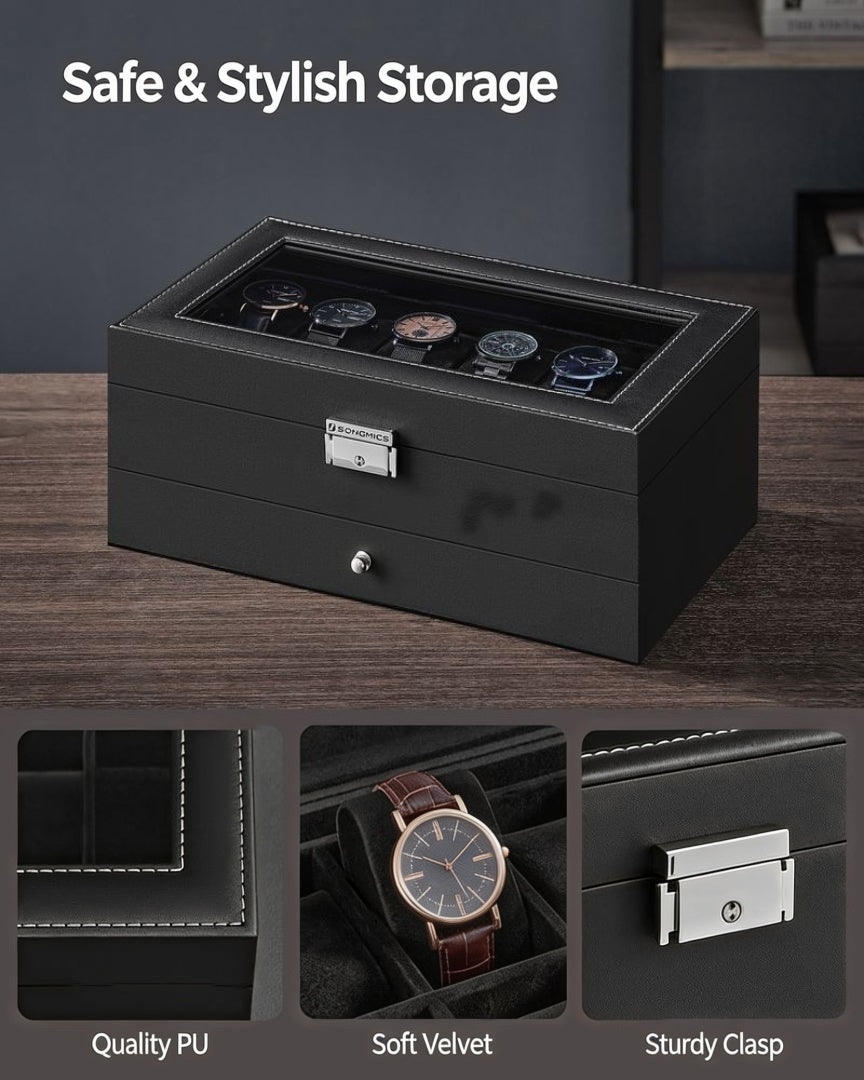 Lockable Watch Box With Glass Lid 6 8 Or 12 Slot – product view 35 | Ridgefield Furniture