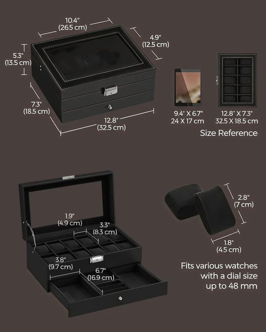 Lockable Watch Box With Glass Lid 6 8 Or 12 Slot – product view 38 | Ridgefield Furniture
