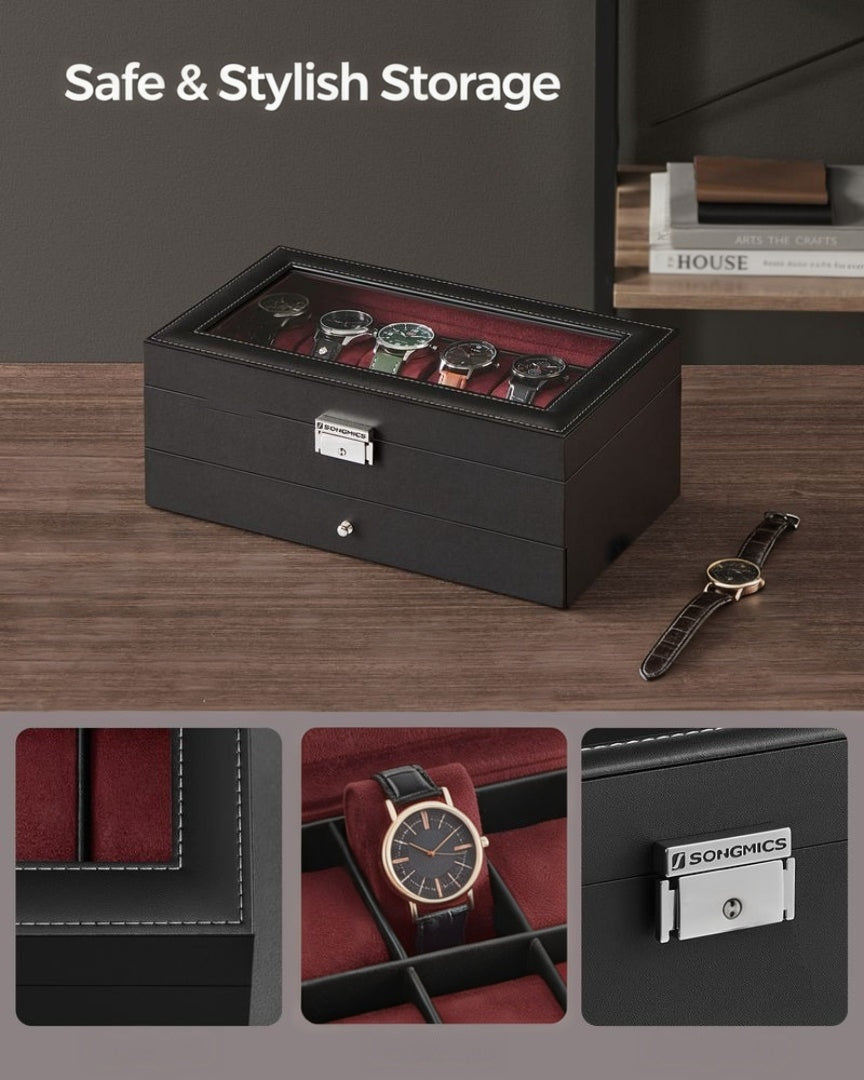 Lockable Watch Box With Glass Lid 6 8 Or 12 Slot – product view 48 | Ridgefield Furniture