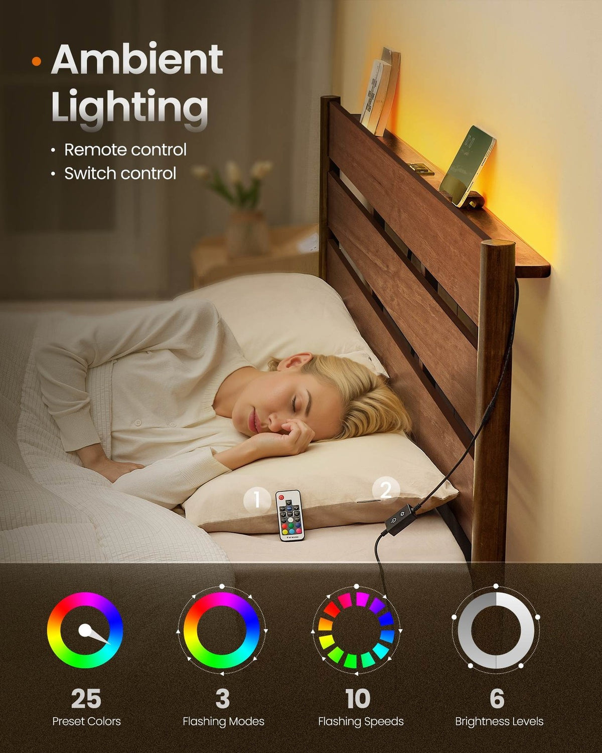 Mid-Century Modern Bed Frame With LED Headboard & Charging Station - product photo 05