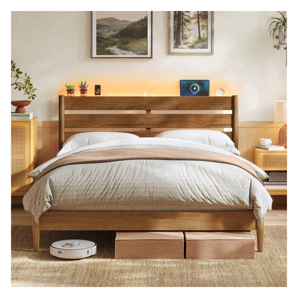 Mid-Century Modern Bed Frame With LED Headboard & Charging Station - product photo 07