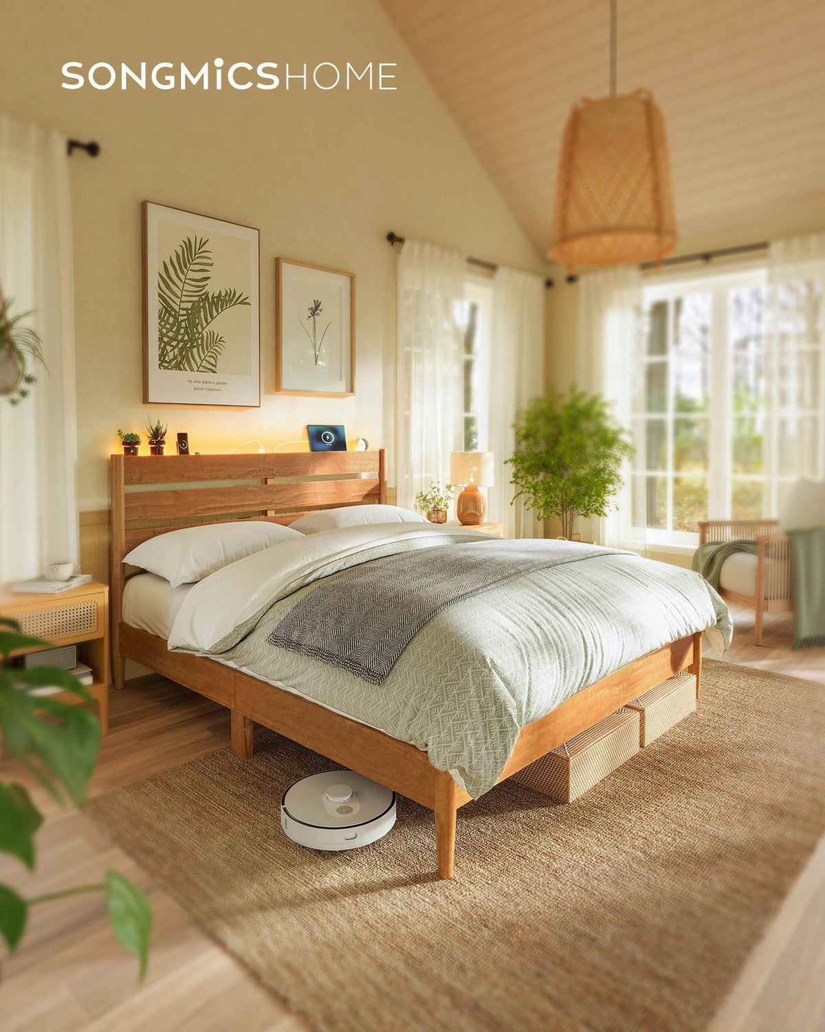 Mid-Century Modern Bed Frame With LED Headboard & Charging Station - product photo 08