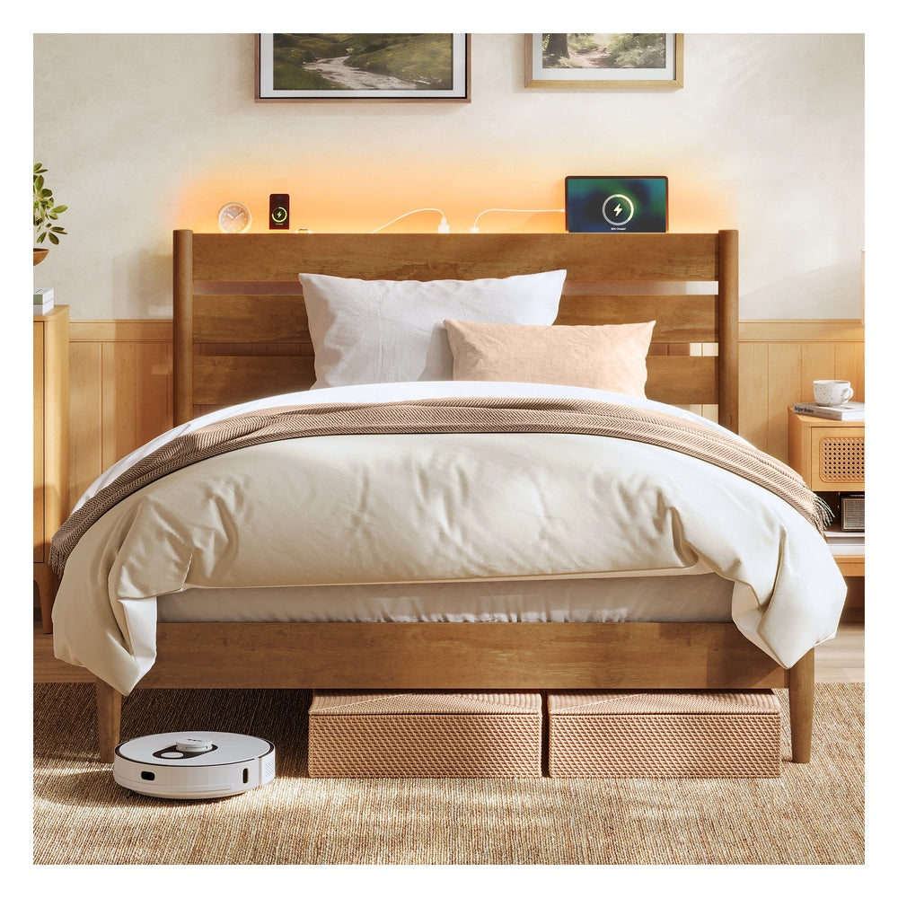 Mid-Century Modern Bed Frame With LED Headboard & Charging Station - product photo 13