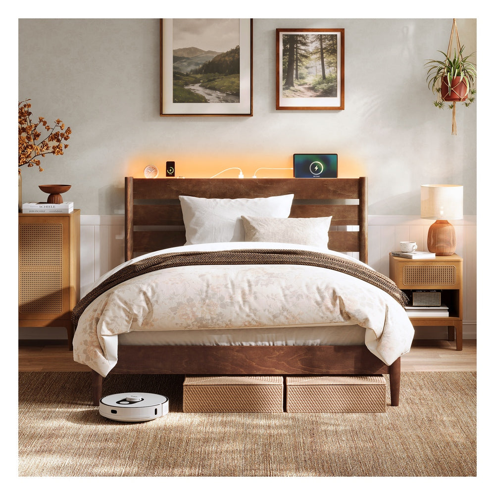 Mid-Century Modern Bed Frame With LED Headboard & Charging Station - product photo 19