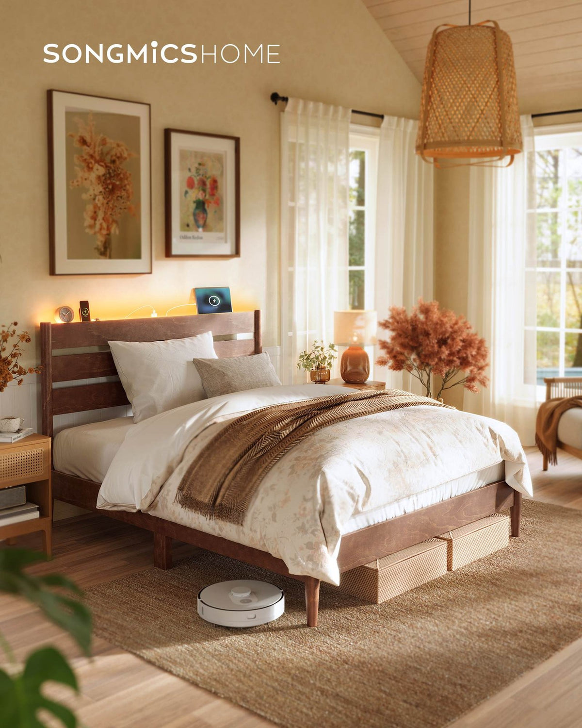 Mid-Century Modern Bed Frame With LED Headboard & Charging Station - product photo 20