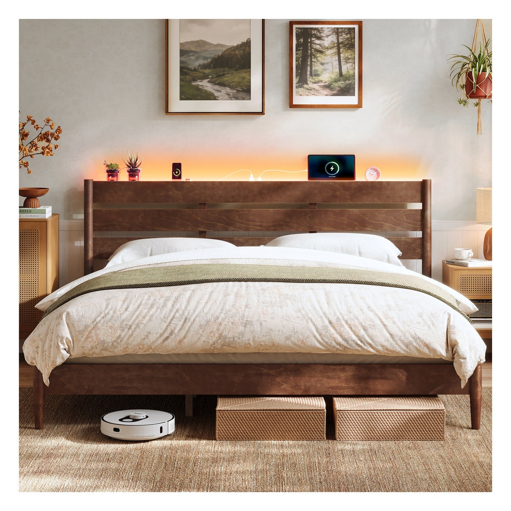 Mid-Century Modern Bed Frame With LED Headboard & Charging Station - product photo 25