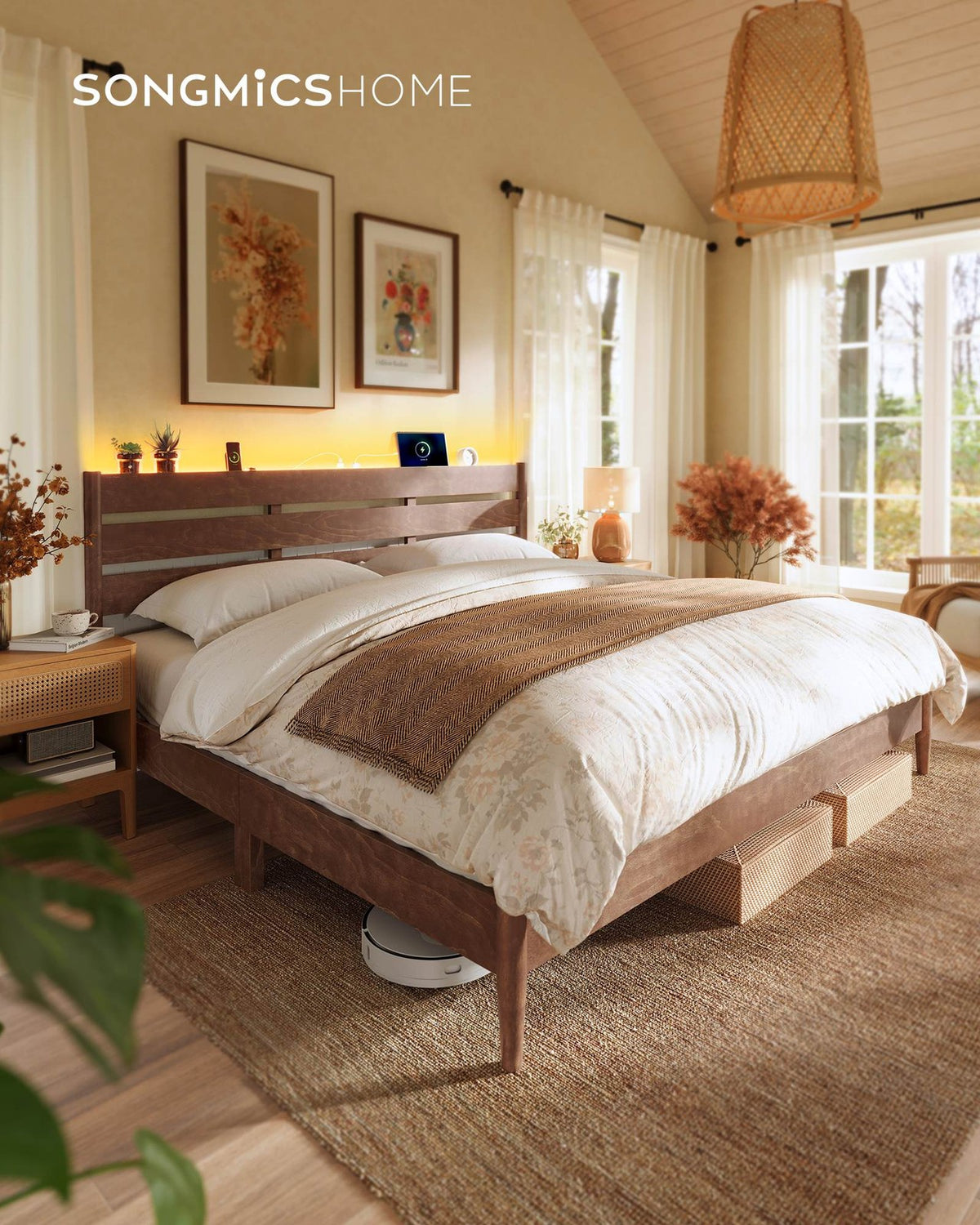 Mid-Century Modern Bed Frame With LED Headboard & Charging Station - product photo 26