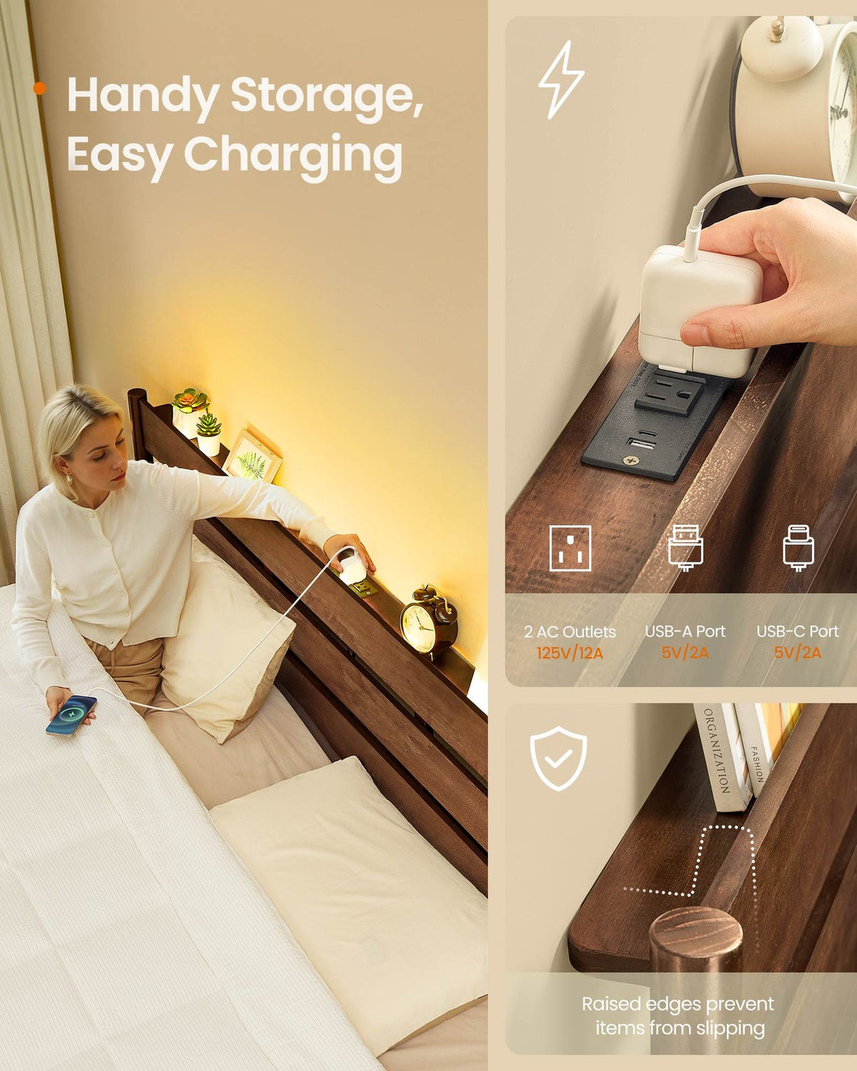 Mid-Century Modern Bed Frame With LED Headboard & Charging Station - product photo 34