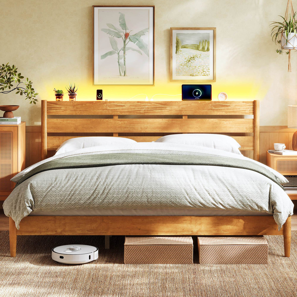 Mid-Century Modern Bed Frame With LED Headboard & Charging Station - URMB414K01