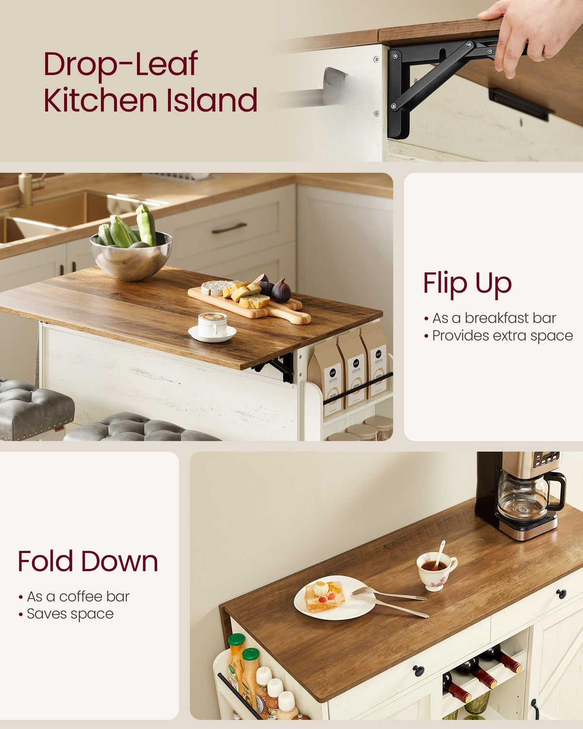 Mobile Kitchen Island With Drop Leaf, Portable Island With Spice Rack - product photo 02