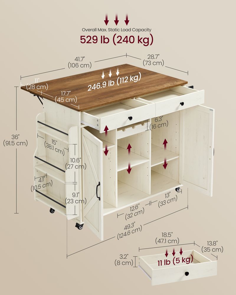 Mobile Kitchen Island With Drop Leaf, Portable Island With Spice Rack - product photo 05
