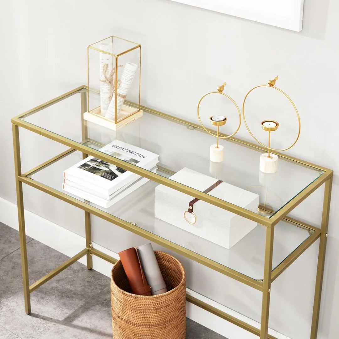 Console Table With Glass Shelves & Gold Frame Sofa Table – product view 6 | Ridgefield Furniture